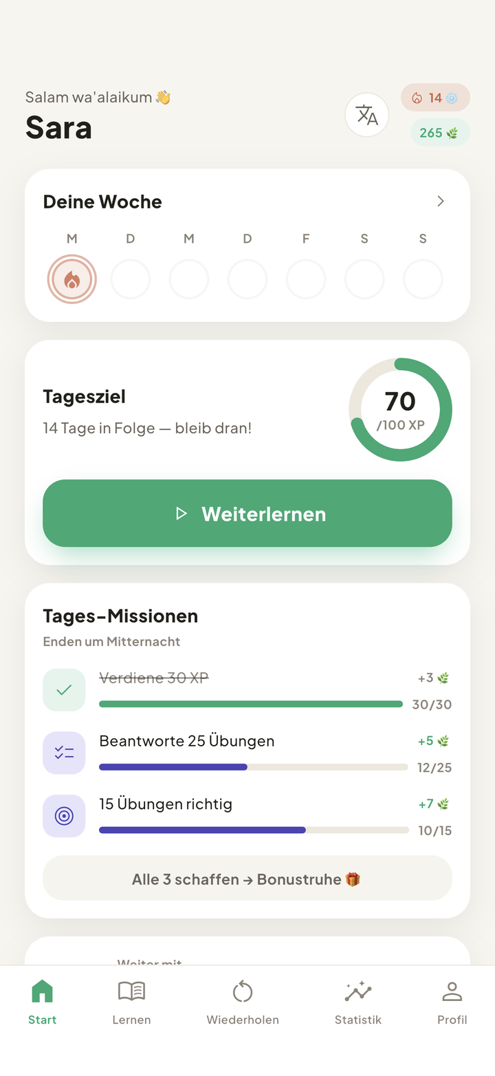 Mein Darija Startbildschirm mit Lern-Serie und Tagesziel